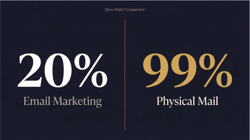 a comparison of open rates: 20% for email, 99% for physical mail