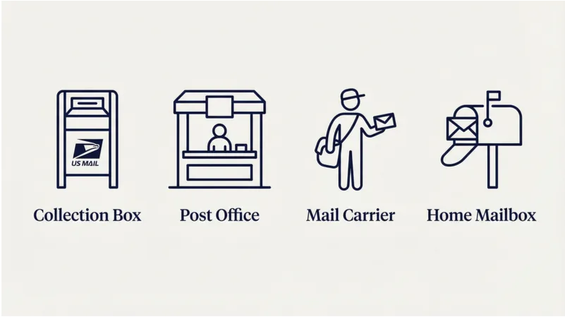 Diagram: mail drop-off options, from your own mailbox to blue collection boxes and the post office
