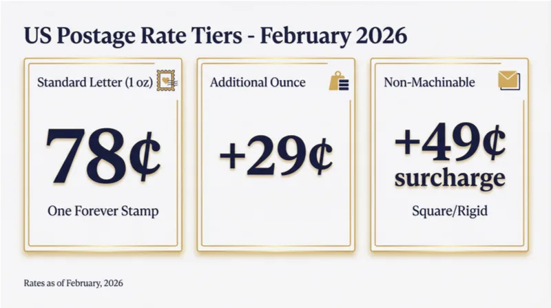 Table: US first-class postage quick reference, including stamp rates and surcharges