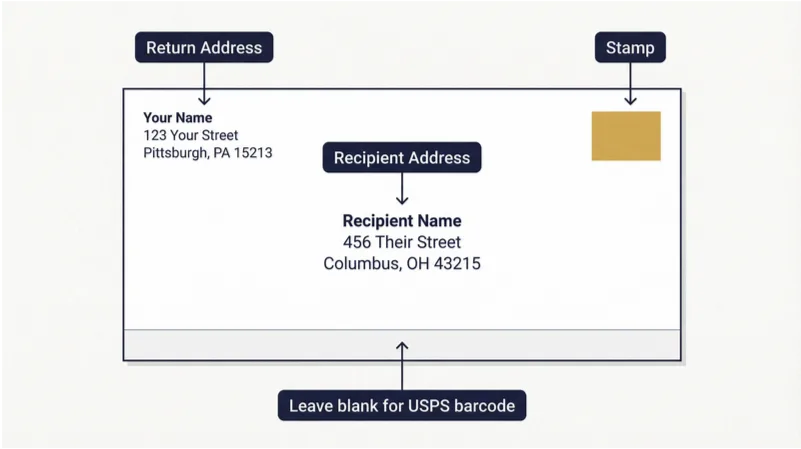 Diagram: where to place the recipient address, return address, and stamp on an envelope