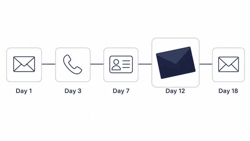 Timeline of a five-touch B2B follow-up sequence: email on day 1, a phone call on day 3, a LinkedIn touch on day 7, a handwritten note on day 12, and a closing email on day 18
